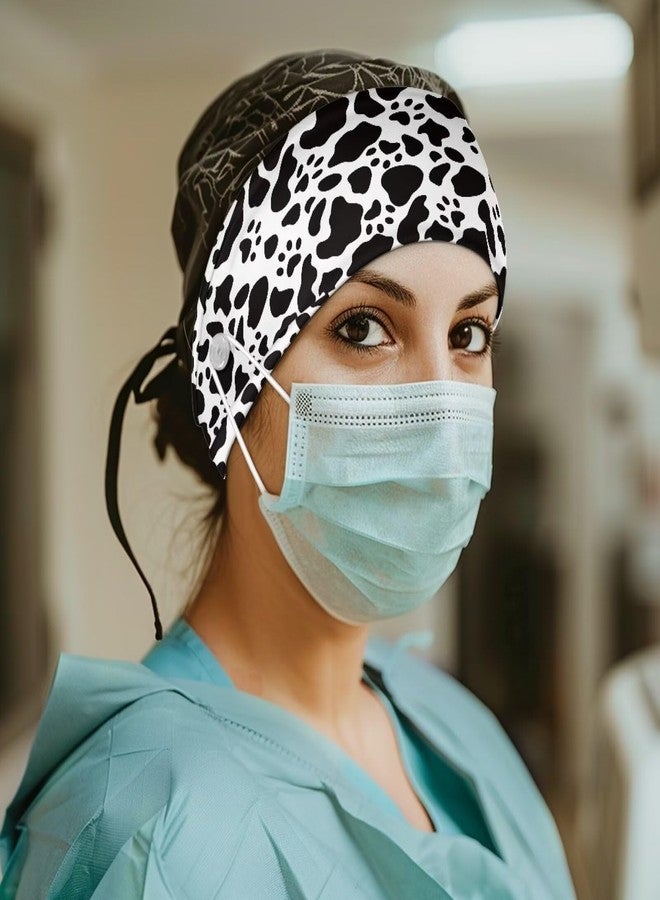 Babrukda Cow Print Paw Print Headbands for Women Men Headbands with Buttons for Mask Doctor Nurse Head Wrap Bandannas Elastic Hair Band Sport Yoga Non Slip Sweatband Turban Daily Headwear - Image 2